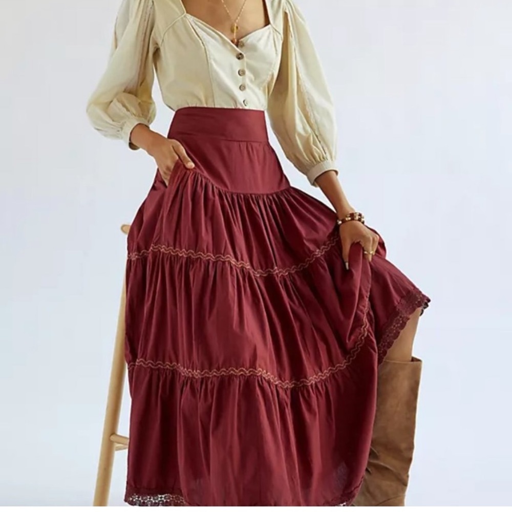 Anthropologie Tiered Lace Maxi Skirt